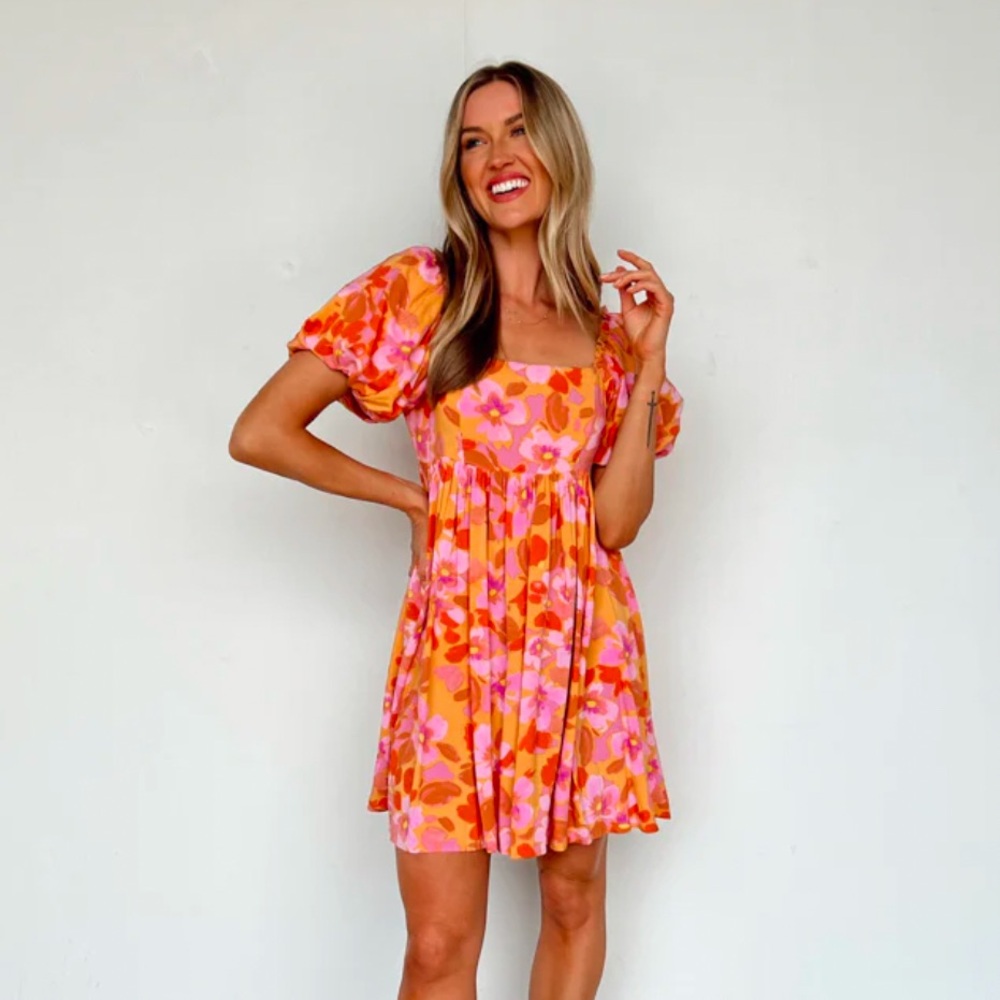 BOHOBLU Sunset Bloom Dress Orange Pink Floral